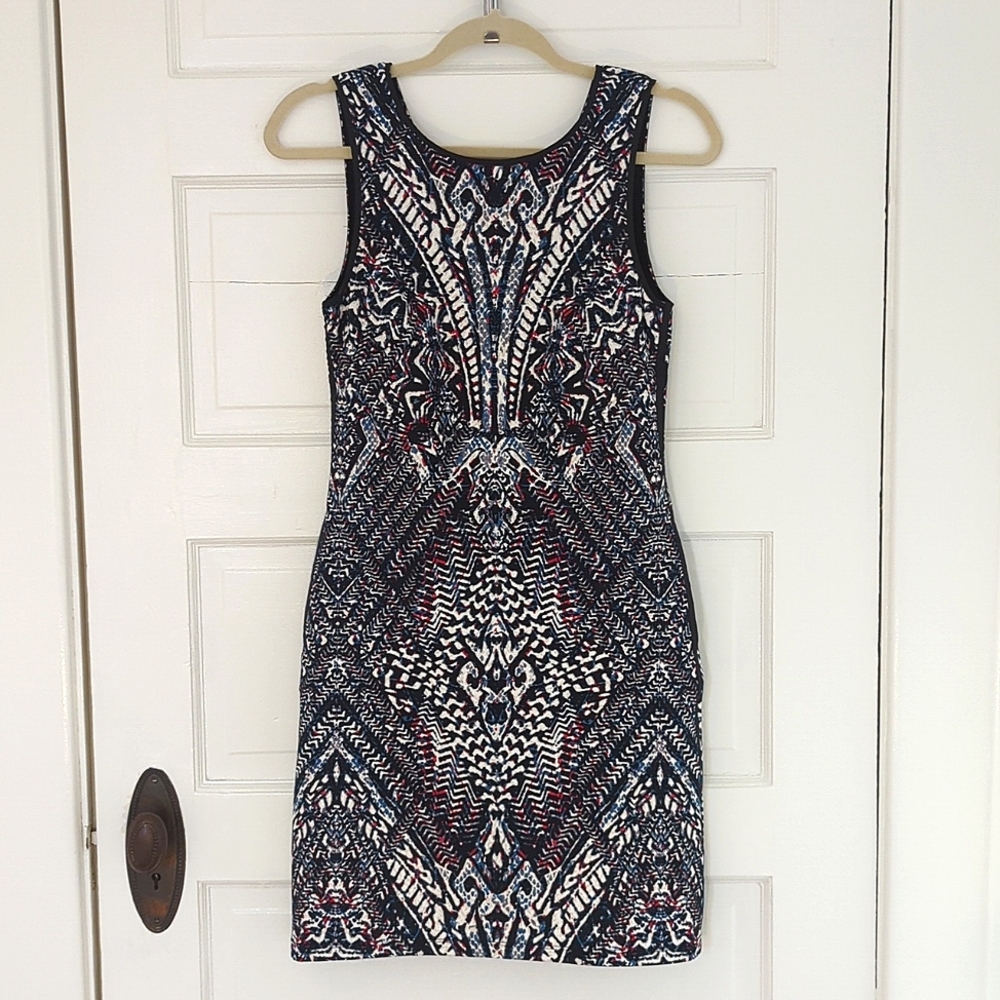 Dex sz XS scuba ikat print dress, navy, pink, white w/pockets